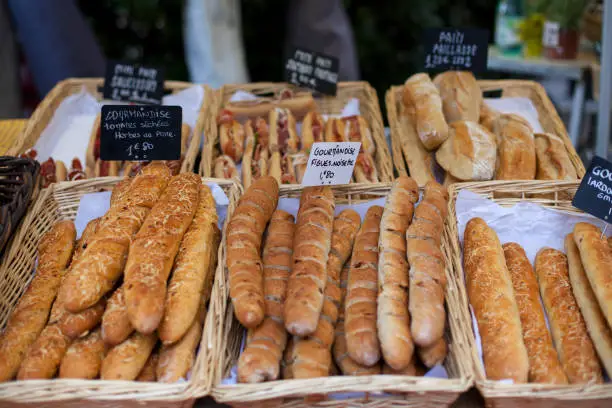 A selection of gourmet bread for sale in a local farmer's market.