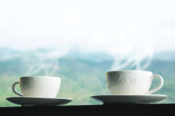 istock Beautiful white cup of coffee with smoke , nature background 870115864