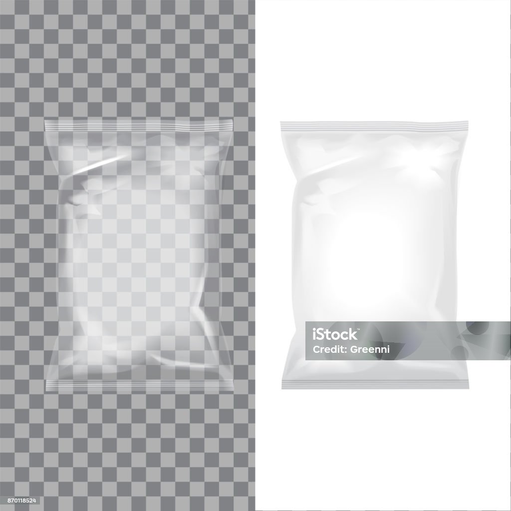 Set of transparent and white foil bag packaging for food, snack, coffee, cocoa, sweets, crackers, nuts, chips. Vector plastic pack mock up Set of transparent and white foil bag packaging for food, snack, coffee, cocoa, sweets, crackers, nuts, chips. Vector plastic pack mock up for your design Packaging stock vector