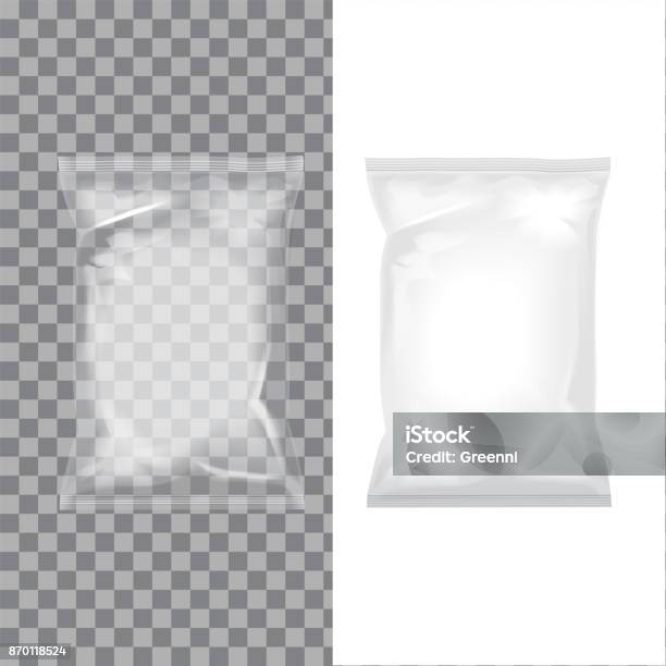 Set Of Transparent And White Foil Bag Packaging For Food Snack Coffee Cocoa Sweets Crackers Nuts Chips Vector Plastic Pack Mock Up Stock Illustration - Download Image Now