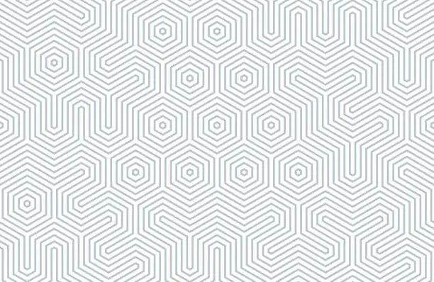 Vector illustration of Seamless geometric pattern with hexagons and lines. Irregular structure for fabric print. Monochrome abstract background
