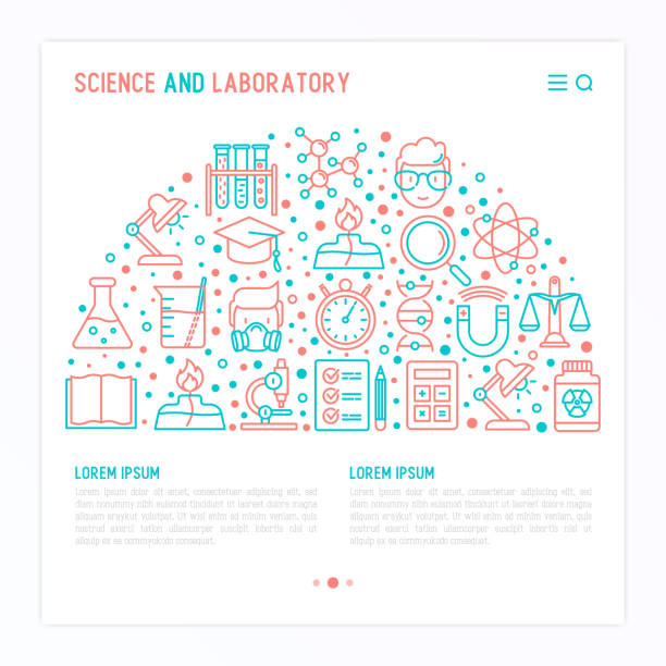 ilustraciones, imágenes clip art, dibujos animados e iconos de stock de concepto de ciencia y laboratorio en medio círculo con iconos de la delgada línea del científico, adn, microscopio, balanzas, imán, respirador, lámpara de alcohol. ilustración de vector de banner, página web, medios impresos. - beaker laboratory weight scale physics