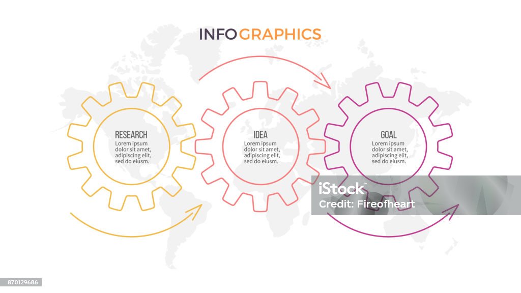 Business infographics. Timeline with 3 steps, gears. Gear - Mechanism stock vector