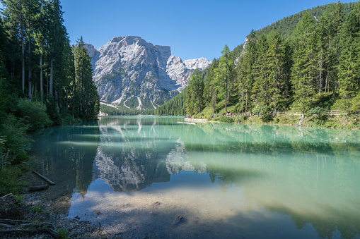 Beautiful view on the Lago Di Braies in the morning, lake reflection. 