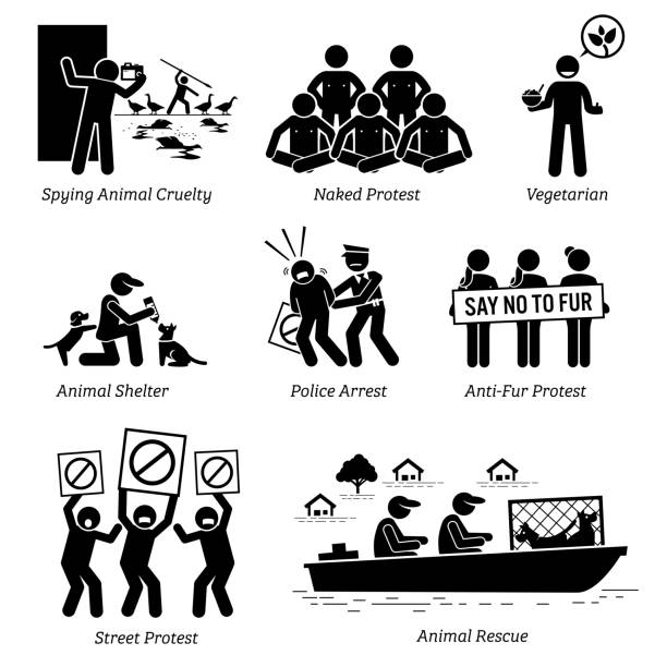 Animal Activists Organization and People Stick Figure Pictogram Icons. Illustrations depicts spying animal cruelty, naked protest, vegan, vegetarian, animal shelter, anti-fur protesters, and rescue. fur protest stock illustrations