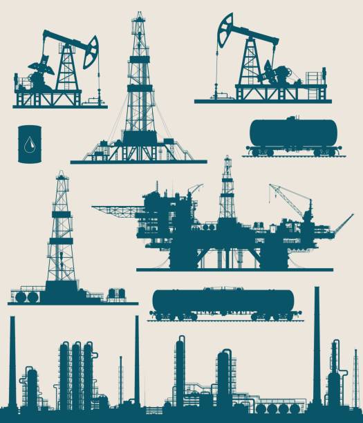 Oil and gas industry set Set of oil and gas industry elements silhouettes. Oil refinery, offshore sea and land oil drilling rigs, pumpjack and railroad tanks. Vector illustration. drilling rig stock illustrations