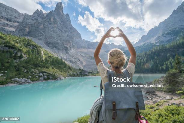 Love Nature Mountain Heart Shape Concept Female Loving Dolomites Stock Photo - Download Image Now