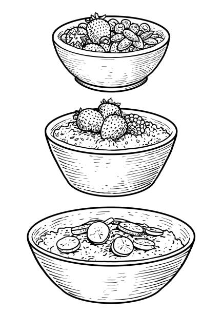 Oatmeal illustration, drawing, engraving, ink, line art, vector Illustration, what made by ink, then it was digitalized. bowl stock illustrations