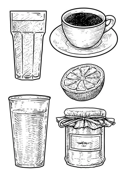 Vector illustration of Coffee, milk, jam and orange juice illustration, drawing, engraving, ink, line art, vector