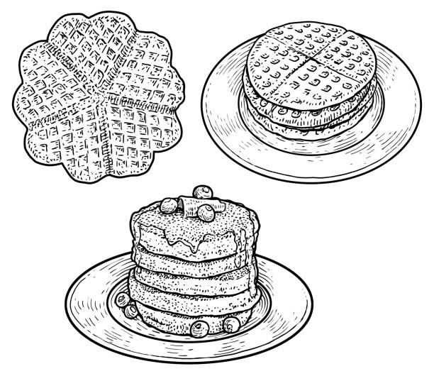 gofry, ilustracja naleśnik, rysunek, grawerowanie, tusz, grafika liniowa, wektor - waffle breakfast syrup plate stock illustrations