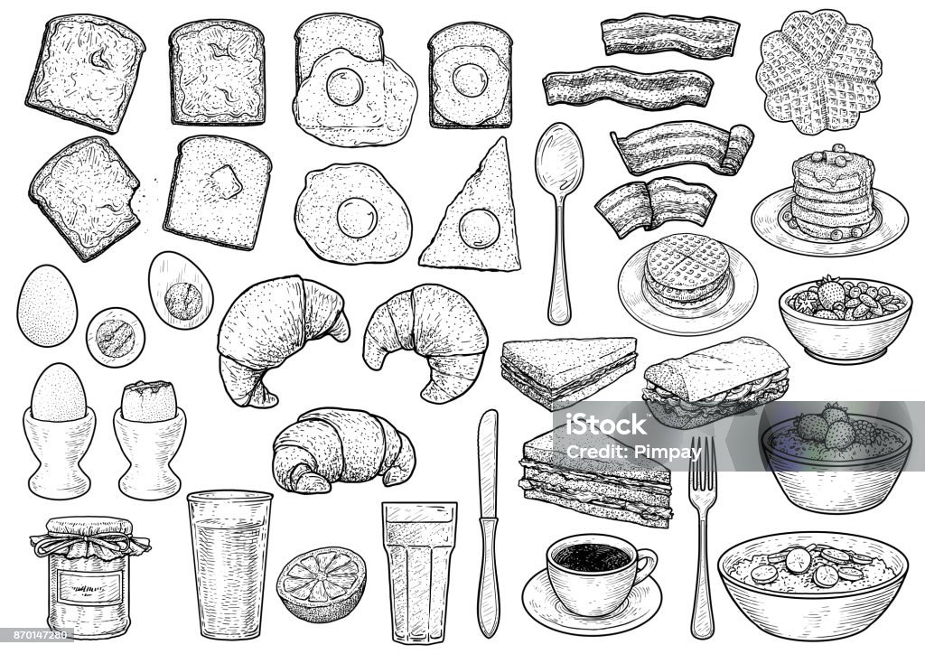 Illustration de collection de petit déjeuner, dessin, gravure, encre, dessin au trait, vecteur - clipart vectoriel de Petit déjeuner libre de droits