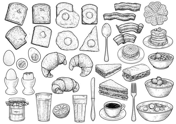 ilustrații de stoc cu ilustrație de colecție mic dejun, desen, gravură, cerneală, artă liniară, vector - mic dejun