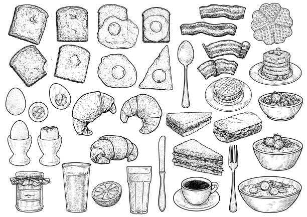 иллюстрация коллекции завтрака, рисунок, гравюра, чернила, линейный арт, вектор - sandwich eggs bacon breakfast stock illustrations