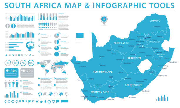 illustrazioni stock, clip art, cartoni animati e icone di tendenza di mappa sudafricana - info graphic vector illustration - pretoria