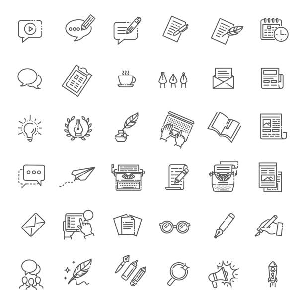 ilustraciones, imágenes clip art, dibujos animados e iconos de stock de simple juego de redacción relacionados con los iconos de línea vector - pencil paper writing letter