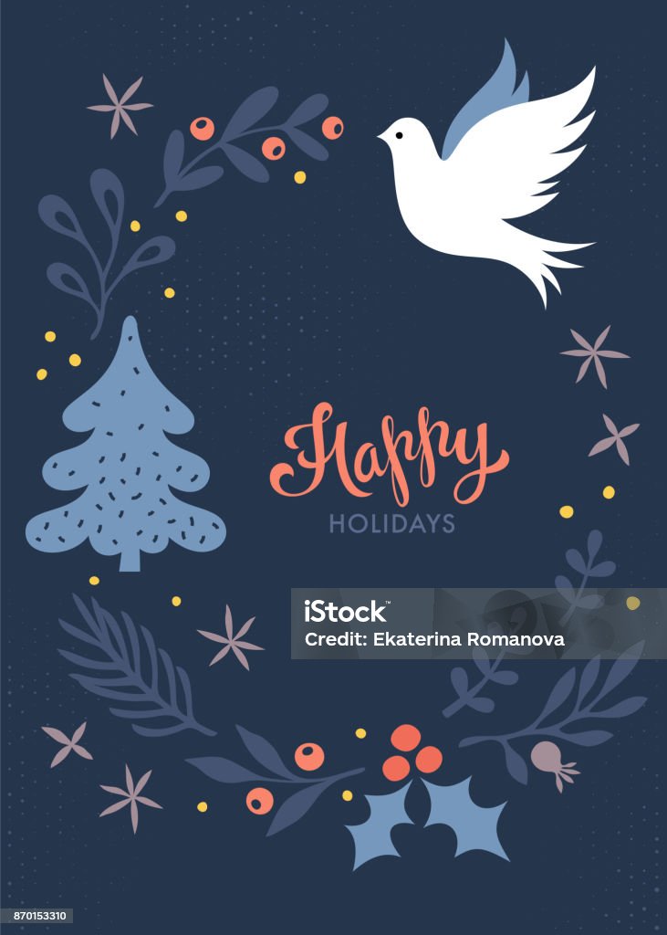 Christmas Card_01 Christmas greeting card. Winter holidays design. Dove. Vector illustration. Christmas stock vector