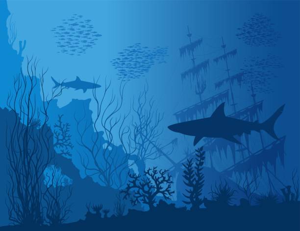 Blue underwater landscape Blue underwater landscape with sunken ship, sharks and see weeds. Vector hand drawn illustration. sunken stock illustrations