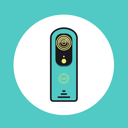 360 video camera icon in flat line design. Vector illustration in yellow and turquoise color on isolated background.