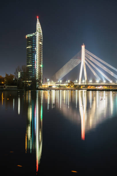 istock Nightly view on the Suspension bridge in Riga 870165166