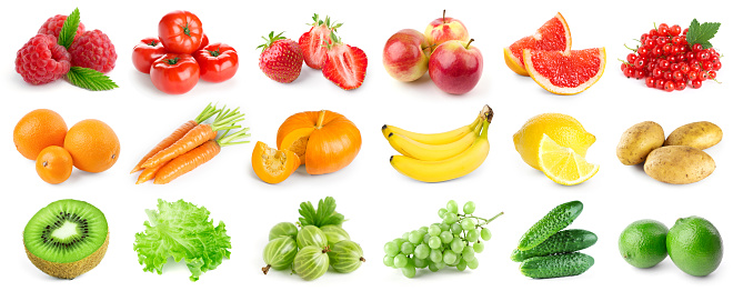 Collection of ripe fruits and vegetables on white background. Fresh food