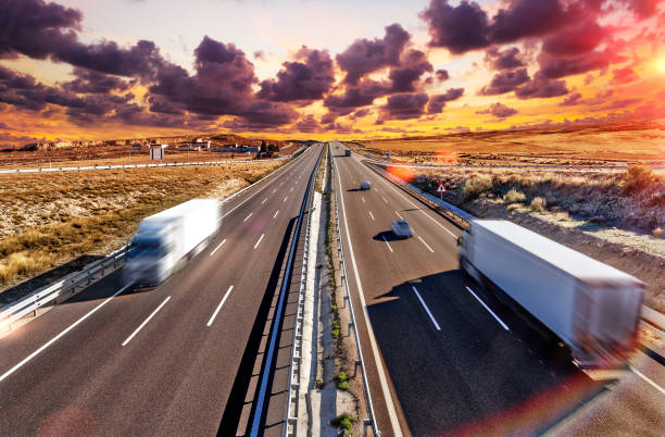 trucks and highway. - car horizon over land driving street imagens e fotografias de stock