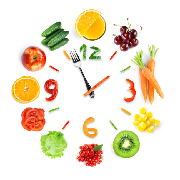 istock Food clock with fresh fruits and vegetables 870166428