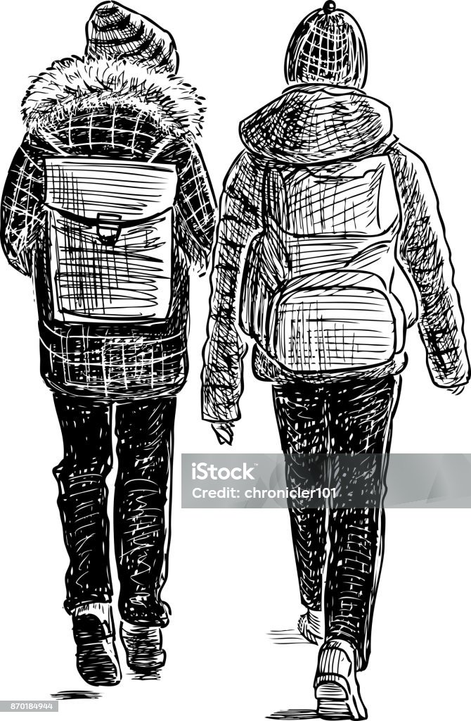 School friends go to school Vector sketch of the walking school children. Backpack stock vector