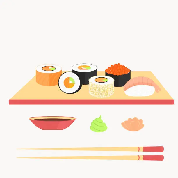 Vector illustration of Sushi set, rolls with salmon, nigiri with shrimp, maki. Traditional Japanese food.