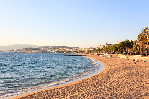 Cannes beach day view, France. Famous town in south of France. Promenade de la Croisette