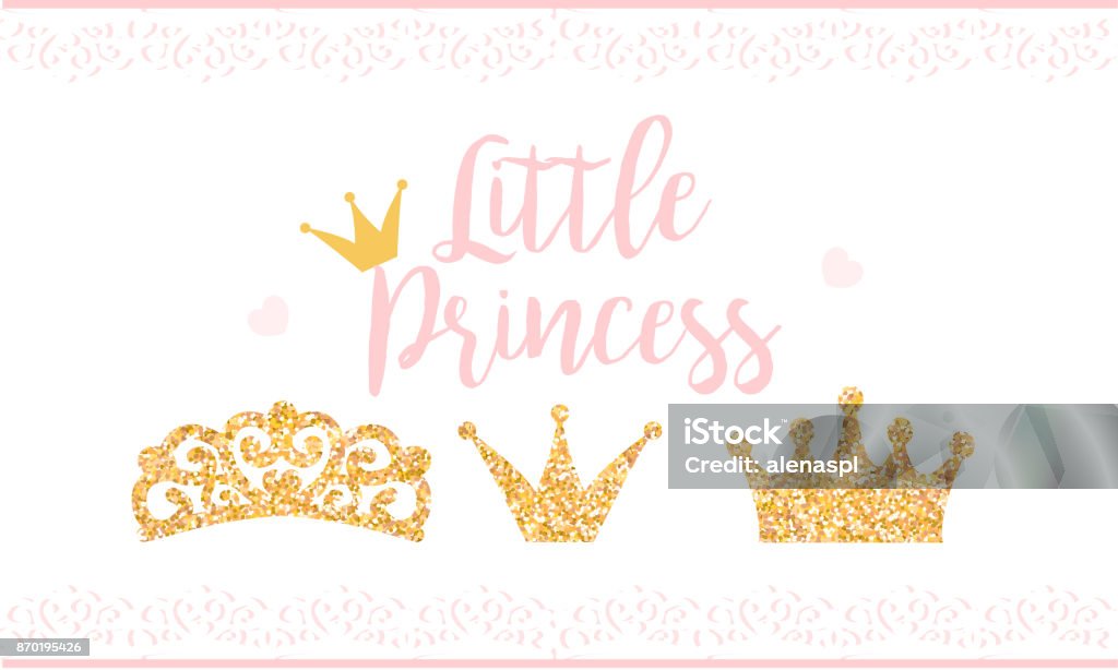 Rose texte petite princesse sur fond blanc avec dentelle. Texture de paillettes d’or mignon. - clipart vectoriel de Anniversaire libre de droits