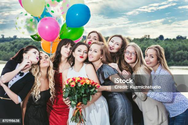 Young Beautiful Happy Women Celebrate Bachelorette Party At The Pier Stock Photo - Download Image Now