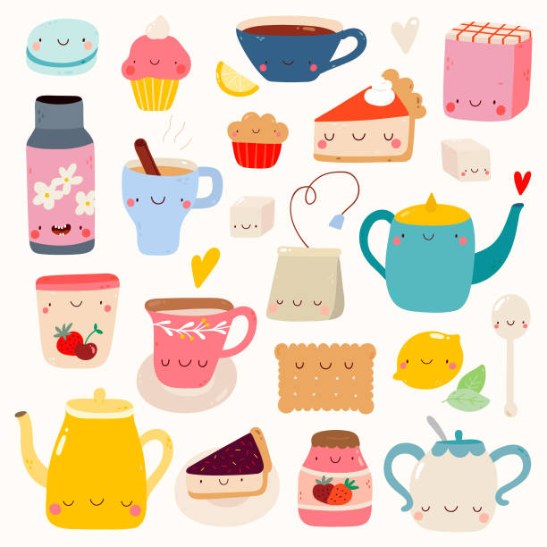 手には、お茶とデザートのスマイリー文字が描画されます。 - cup tea teabag tea cup点のイラスト素材／クリップアート素材／マンガ素材／アイコン素材