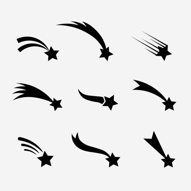 Falling stars vector set Falling stars vector set. Shooting stars isolated from background. Icons of meteorites and comets. Falling stars with different tails. Shooting stars black silhouettes. meteor stock illustrations