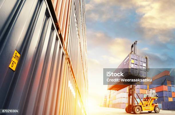 Forklift Handling Container Box Loading Stock Photo - Download Image Now - Forklift, Freight Transportation, Cargo Container