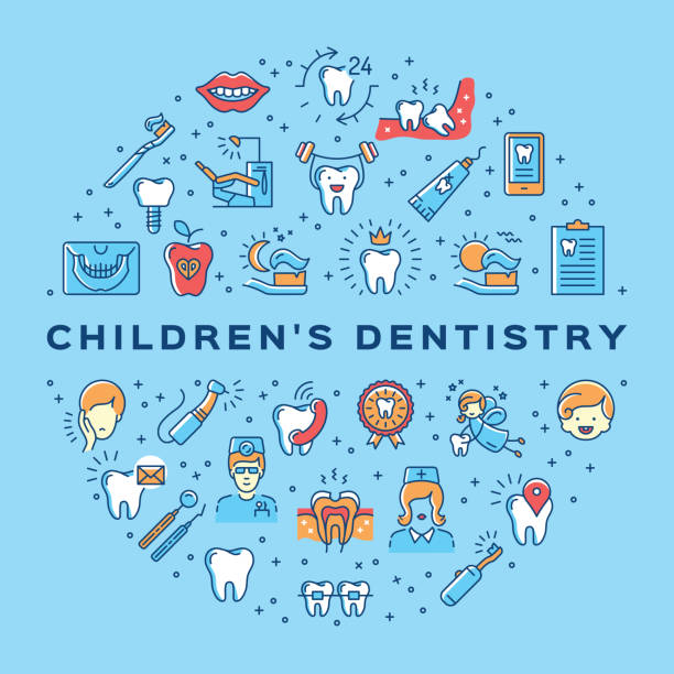 kinder zahnheilkunde kreis infografiken zahnmedizin dental care dünne linie kunst symbole - beißring stock-grafiken, -clipart, -cartoons und -symbole