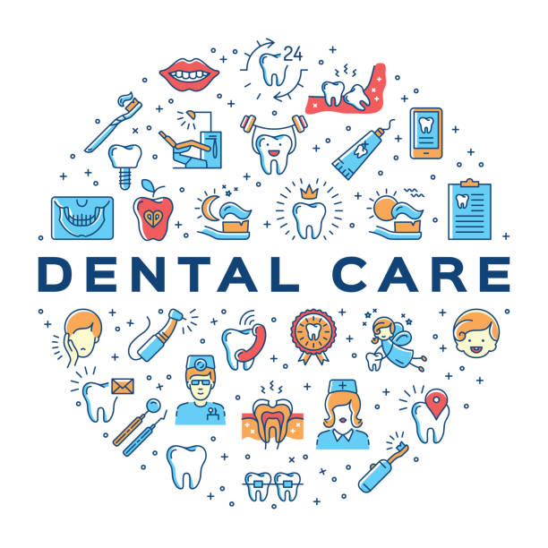 치과 치료 원 infographics 구강 아이콘입니다. 다채로운 치과 얇은 라인 아트 아이콘 - dentist dental drill dental equipment dental hygiene stock illustrations