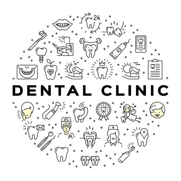 zahnklinik kreis infografiken zahnmedizin dental care dünne linie kunst symbole - beißring stock-grafiken, -clipart, -cartoons und -symbole