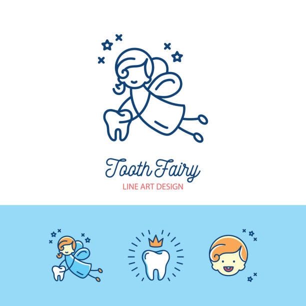 tooth fairy kinder zahnheilkunde dünne linie kunst symbol - dentists chair dental equipment dentist office dental drill stock-grafiken, -clipart, -cartoons und -symbole