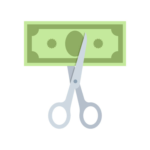 ножницы разрезают деньги пополам. - cutting scissors currency dollar stock illustrations