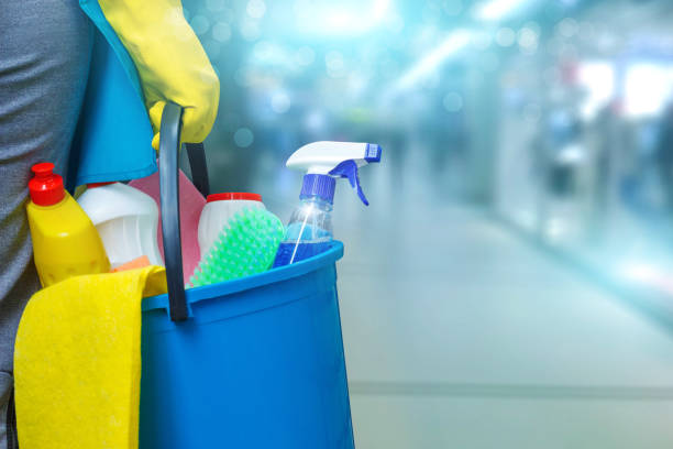 cleaning lady with a bucket and cleaning products . - limpando imagens e fotografias de stock