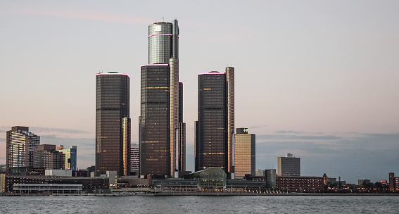 Detroit, MI, USA - 2nd October 2016: Detroit City Skyline at dusk as viewed from Windsor, Ontario, Canada.