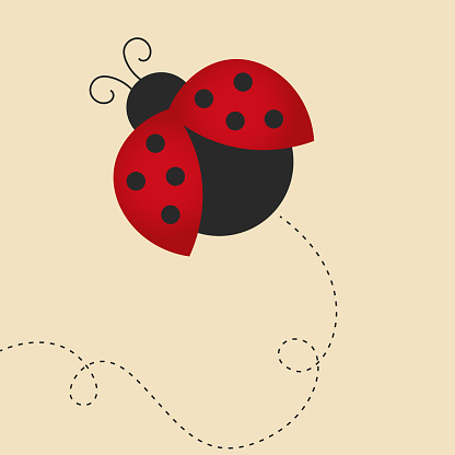 flying lady bug on beige background, dots on the wings, dark grey body