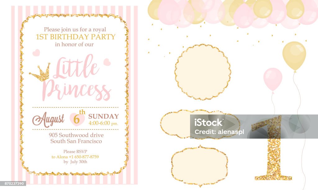 Pink and gold princess party decor. Cute happy birthday card template elements. Birthday party and girl baby shower design elements set. Glitter texture. Golden gloss effect Princess stock vector