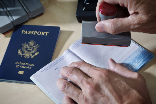 us border security, homeland security, pass prüfstation für einwanderung - customs official examining emigration and immigration document stock-fotos und bilder