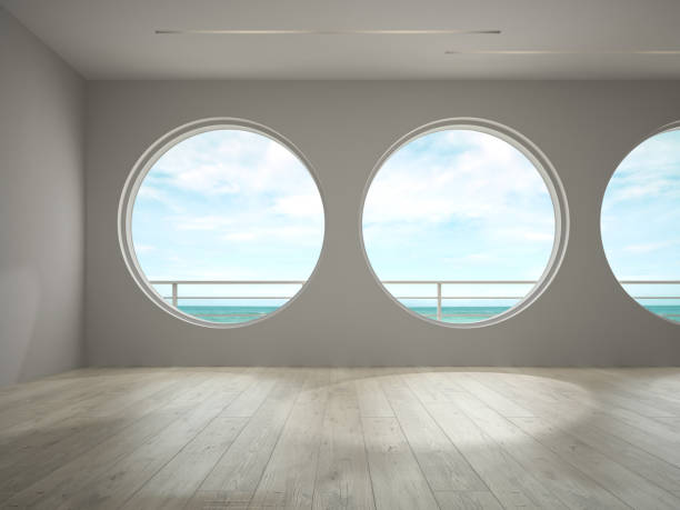 istock Interior of empty room with sea view 3D rendering 870250534