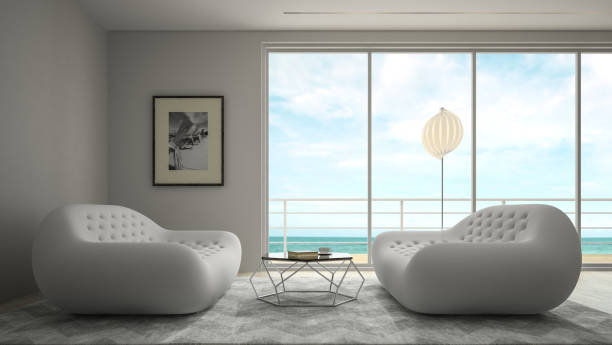 istock Interior of modern design room with sea view 3D rendering 870250538