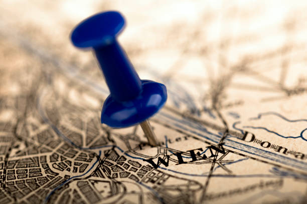 istock Blue pin on old map ,location Vienna 870251232