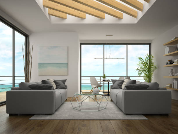 istock Interior of modern design room with sea view 3D rendering 870253544