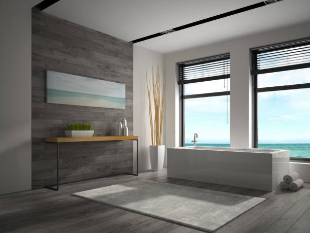 istock Interior of bathroom with sea view 3D rendering 870253644