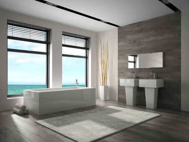istock Interior of bathroom with sea view 3D rendering 870253848